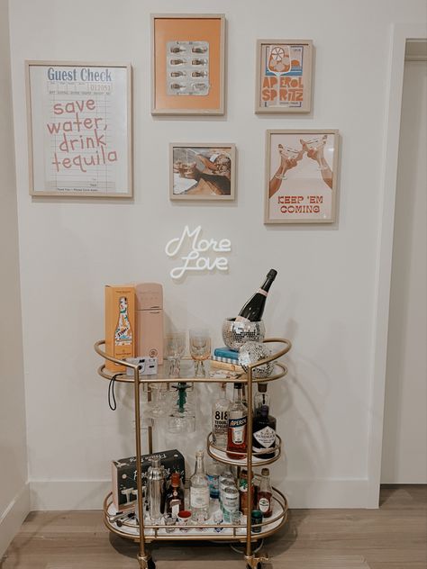 Bar Cart Inspo, Mini Bar At Home, Home Bar Ideas, Apartment Bar, College House Decor, College House, Home Bar Design, College Apartment Decor, Future Apartment Decor