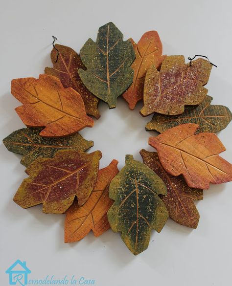 Remodelando la Casa: Leaves Fall Garland Wooden Leaf Decor, Fall Leaf Decor, Fall Leaf Wreaths, Fall Leaf Garland, Cone Crafts, Fall Arts And Crafts, Wood Wreath, Decorating Diy, Garland Arch