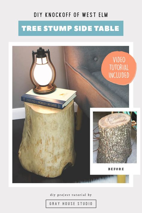 A DIY tutorial showing how to make a much cheaper version of the West Elm Stump Side table. This tutorial also includes a video step by step guide to show you how to get an expensive looking DIY log side table without the high price tag. This stump side table makes for an adorable addition to a woodland themed nursery. Home Painting Outside, Side Table Diy, Stump Side Table, Log Side Table, Tree Stump Side Table, Woodland Themed Nursery, Diy Furniture Flip, Diy Side Table, Gray House