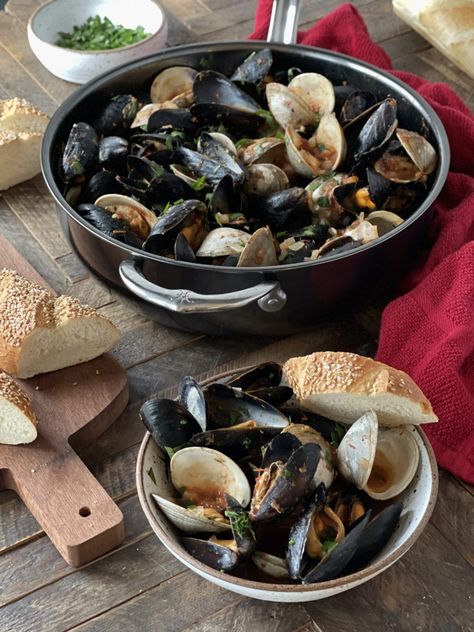 Clams and Mussels in Wine and Tomato Broth Clams And Mussels, How To Clean Clams, Cooking Crab, Tomato Broth, Broth Recipes, Dry White Wine, Light Lunch, Crushed Red Pepper Flakes, Crushed Tomatoes