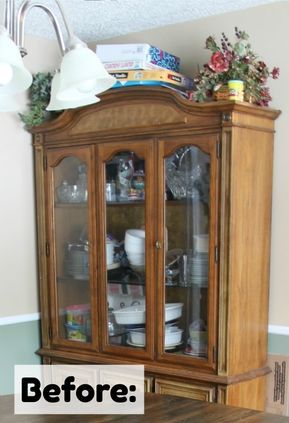 Update Old China Cabinet, China Cabinet Before And After, China Hutch Wallpaper, Dining Hutch Makeover, Decorate Top Of China Cabinet, Black Hutch Makeover, Dining Room Hutch Makeover, Hutch Makeover Diy, Refinished China Cabinet