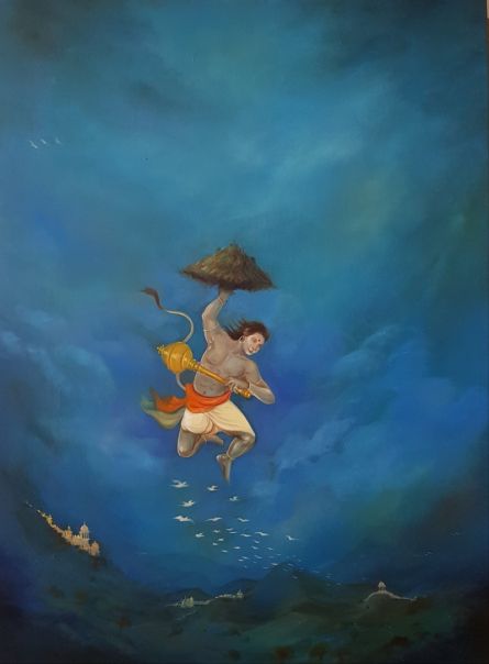 Lifeline Painting by artist Durshit Bhaskar | ArtZolo.com Divine Destiny, Bajrangbali Hanuman, Blue Oil Painting, Jay Hanuman, The Bhagavad Gita, Ram Sita, Ram Wallpaper, Hanuman Ji Wallpapers, Rama Image