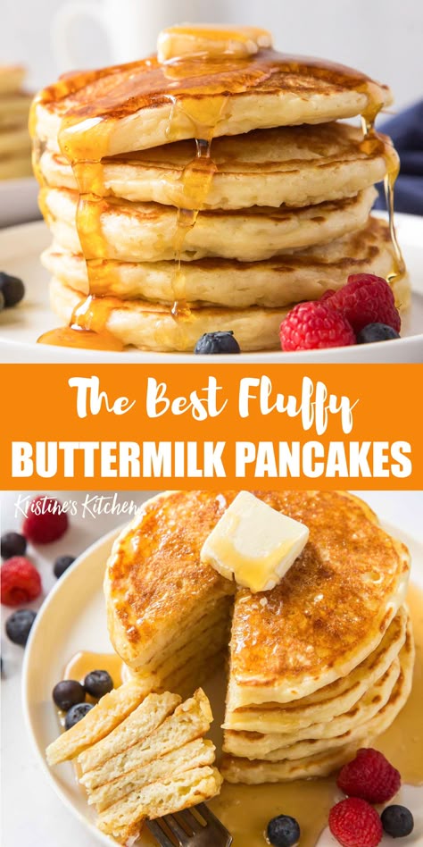 These buttermilk pancakes are incredibly soft and fluffy, with the most delicious flavor! They're quick and easy to make with simple ingredients. If you have leftover pancakes, they freeze wonderfully for quick breakfasts later on. Yogurt Pancakes Healthy, Best Buttermilk Pancakes, Buttermilk Pancakes Easy, Buttermilk Pancake Recipe, Homemade Buttermilk Pancakes, Fluffy Gluten Free Pancakes, Buttermilk Pancakes Recipe, Fluffy Buttermilk Pancakes, Easy Recipes For Family