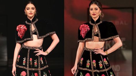 Rohit Bal's triumphant return at Lakmé Fashion Week X FDCI dazzled with "Kaaynaat," celebrating nature's beauty. Ananya Panday shone as the showstopper. #scrabblnews #RohitBal #LakmeFashionWeek #AnanyaPanday #FashionComeback Lehenga Black, Black And Red Roses, Feminine Urge, Ananya Pandey, Velvet Lehenga, Lehenga Red, Black Lehenga, Ananya Panday, Fancy Sarees Party Wear