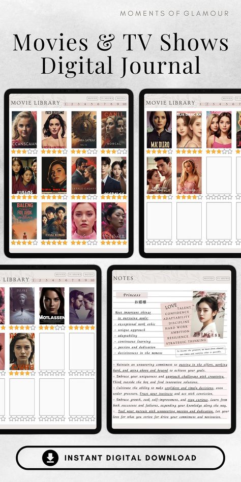 Movie Journal Digital Movie Library Goodnotes Movie Review Digital Planner Movie Tracker Tv Series Log Watching List Movie Library Film iPad - Etsy Lithuania Movie Organization, Movie Library, Movie Tracker, Diary Aesthetic, Movie Journal, Journal Idea, Journal Digital, Romantic Scenes, Japanese Drama