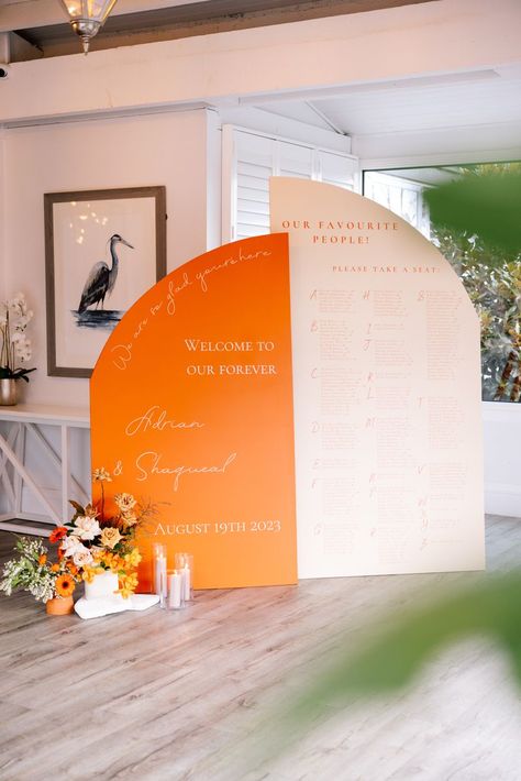 The white and orange tones of this seating chart and welcome sign..and the matching florals! Photography 📸 Love and Other Photography Reception Signage, Welcome Table, Melbourne Wedding, Peach Wedding, Wedding Table Centerpieces, Italian Wedding, Take A Seat, Seating Charts, Wedding Stationary