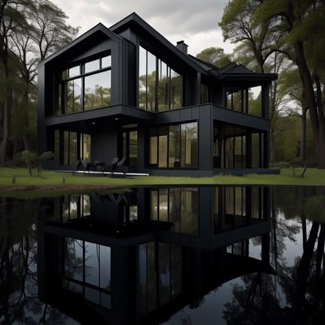 Exterior Lake House, Dark Modern House Exterior, Dark Green Exterior, All Black House, Dark Modern Home, Black Luxury House, Matte Black House, Black Modern House, Dark Modern House