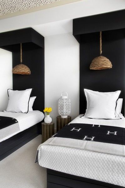 canopies-with-pendants-camille-styles Bilik Lelaki, Guest Bedroom Inspiration, Twin Bedroom, Bedroom Bliss, Twin Beds, Be Our Guest, Kid Rooms, Boys Rooms, Bedroom Black