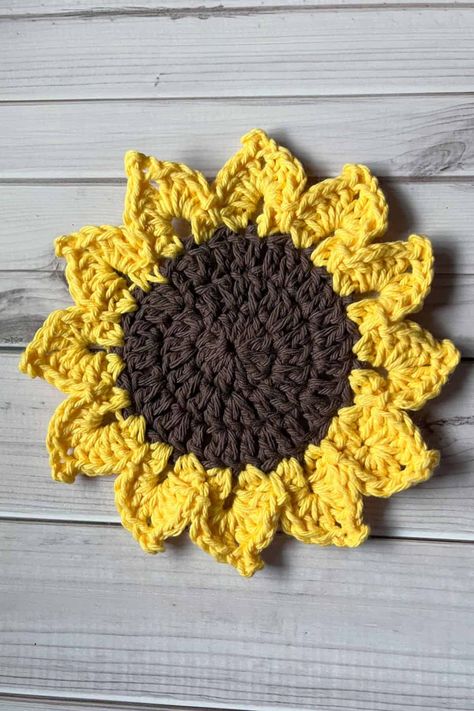 Sunflower Coaster Crochet Pattern Sunflower Coasters Crochet Free Pattern, Crochet Sunflower Pattern Free, Crochet Sunflower Coaster Pattern, Sunflower Coaster Crochet, Crochet Flower Coaster Pattern, Crochet Sunflower Coaster, Sunflower Crochet Pattern, Sunflower Coaster, Coaster Crochet Pattern