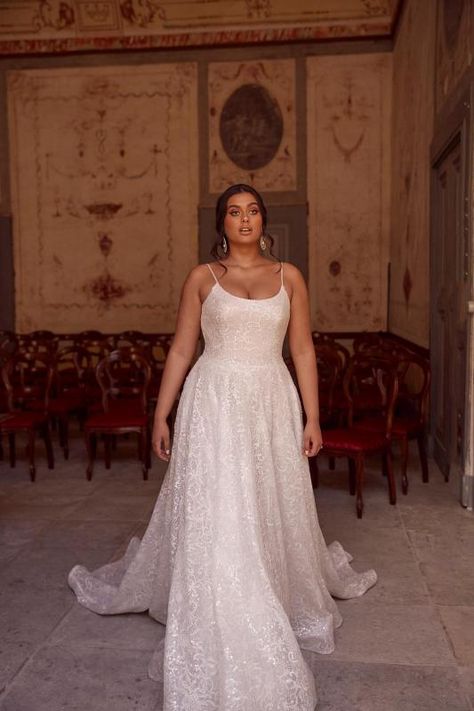 MARTINA FRANCA | Madi Lane Bridal A Line Wedding Dress Jewelry, Scoop Neck Plus Size Wedding Dress, Sparkle Plus Size Wedding Dress, Spaghetti Strap Wedding Dress Plus Size, Simple Wedding Dress Size 12, Plus Size Garden Wedding Dress, Wedding Dresses Romantic Plus Size, Modern Wedding Dress Plus Size, Plus Size Strapless Wedding Dress