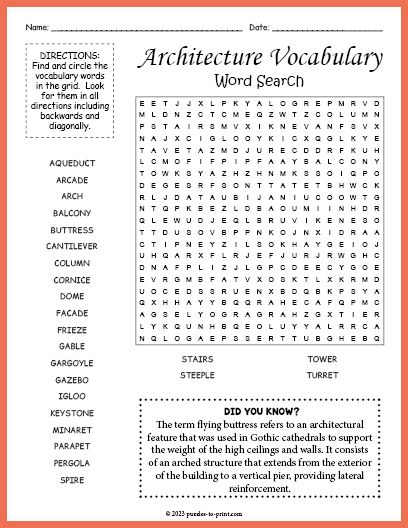 Free Printable Architecture Vocabulary Word Search Vacation Word Search, Vocabulary Crossword Worksheets, People Magazine Crossword Puzzles, Hard Word Search, Fill In Crossword Puzzles Printable, Word Search Printables, Number Puzzles, World Days, Crossword Puzzles