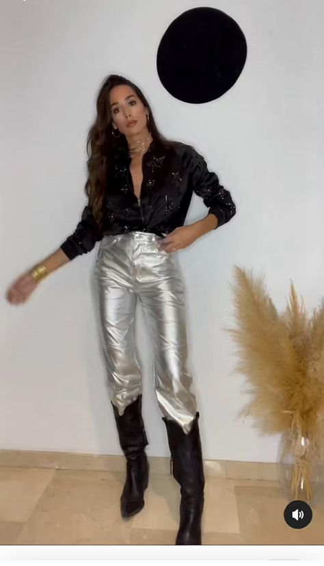 Sparkle Jeans Outfit, Sparkle Jeans, Satin Blouses, Cow Girl, Jeans Outfit, Winter Days, Jean Outfits, Party Outfit, Black Boots