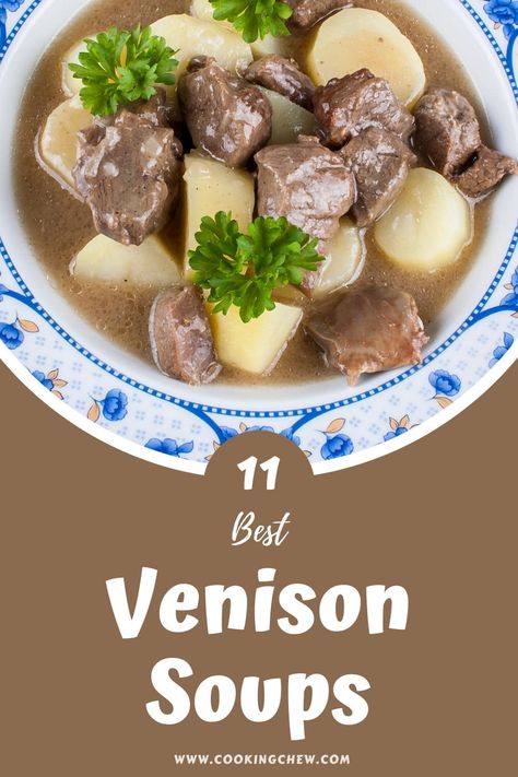 Soup With Venison, Ground Venison Soup, Venison Soup Recipes, Soup With Deer Meat, Venison Soup Recipes Crockpot, Venison With Cream Of Mushroom Soup, Venison Soup, Deer Meat Recipes Crockpot Slow Cooker Venison Roast, Deer Backstrap Recipes Crockpot Venison Stew