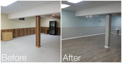 Beachy Basement, Before & After                                                                                                                                                     More Painted Panelling, Basement Wall Panels, Basement Wall Colors, Basement Remodeling Before And After, Wood Paneling Makeover, Paneling Makeover, Basement Painting, House Rehab, Small Bedroom Remodel