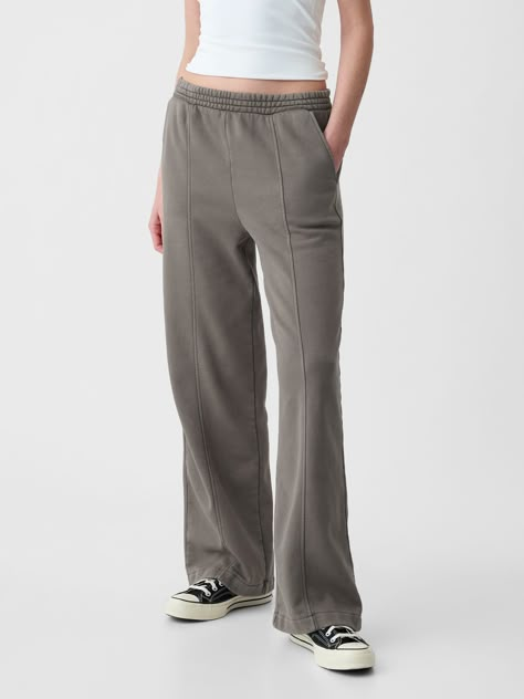 Soft fleece knit wide-leg sweatpants.  Elasticized waist.  Front slant pockets.  Seam at front.  Mid rise.  Straight silhouette with a relaxed fit.  Wide leg.  Models wearing Gap Greenish Grey, School Fit, Quoi Porter, Comfy Sweatpants, Wide Leg Sweatpants, Aesthetic Fits, Fashion Enthusiast, Tall Clothing, Vintage Soft