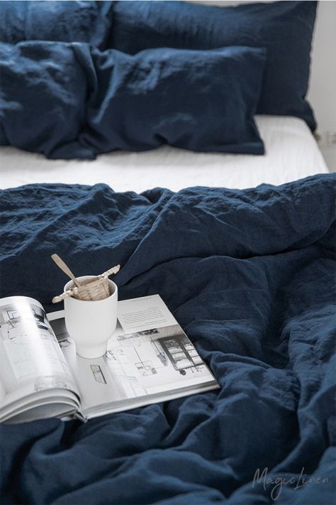 Navy Blue Linen Duvet Cover Navy Bedding, Blue Linen Bedding, Plain Cushions, Best Duvet Covers, Linen Duvet Cover, Linen Sheet Sets, Navy Blue Linen, Oxford Style, Navy Linen