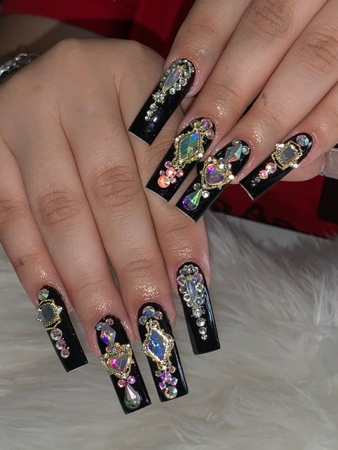 Luxury rhinestones on black nails Fancy Black Nails With Gems, Black Nails With Pink Rhinestones, Glam Nails Rhinestones Black, Plain Black Nails With Gems, Black Nails Black Rhinestones, Black Nails With Gold Rhinestones, Nails With Lots Of Rhinestones, Black Nail With Rhinestones, All Black Nails With Rhinestones