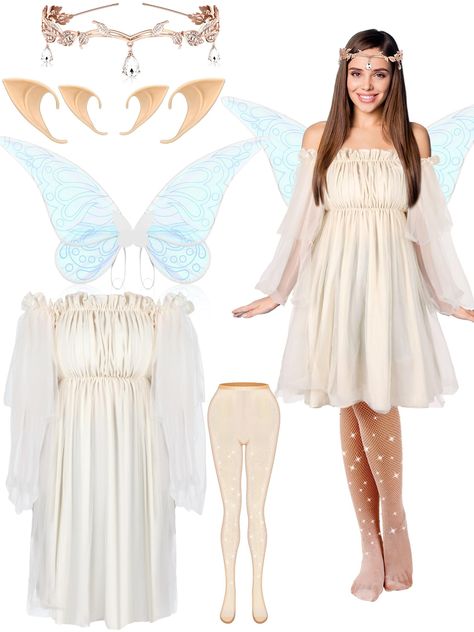 PRICES MAY VARY. Meet Your Halloween Decorating Needs: the fairy cosplay costume includes 1 off shoulder Flounce dress, 1 blue fairy wings, 2 fairy ears in different sizes, 1 gold fairy crown and 1 pair of Sparkly Rhinestone Fishnets stockings; The combination is rich and has everything you need for a Halloween fairy costume, suitable for Halloween parties to make you shine Exquisite Design: our fairy dress for women adopt off shoulder design and high waist A type, can modify well your figure an Fairy Dresses For Women, Blue Fairy Wings, Amazon Halloween, Sparkly Tights, Fairy Costumes, Fairy Cosplay, Fairy Halloween Costumes, Fairy Ears, Plus Size Halloween Costume