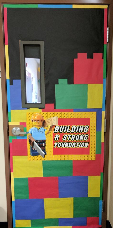 Building a strong foundation  #lego #classroom #doordecoration Building Theme Classroom, Lego Themed Classroom Ideas, Building Classroom Theme, Lego Theme Classroom Decor, Lego Classroom Door, Lego Classroom Decorations, Lego Vbs Decorations, Lego Door Decorations Classroom, Lego School Theme