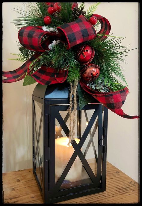 Candle Lantern Buffalo Plaid Christmas Decor Lantern | Etsy Canada Buffalo Check Christmas Decor, Lantern Christmas Decor, Lantern Centerpiece, Buffalo Plaid Christmas Decor, Christmas Garden Decorations, Holiday Lanterns, Lantern Christmas, Plaid Christmas Decor, Buffalo Check Christmas