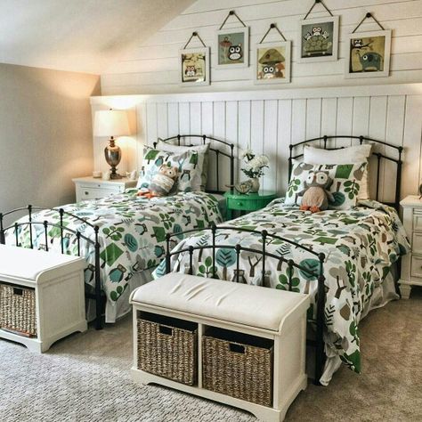 Twins Cottage Bedroom Twin Beds, Small Bedroom 2 Twin Beds, 2 Full Size Beds In One Room Ideas, Bedroom With Multiple Beds, Two Twin Beds In Small Room, 2 Twin Beds In One Room Ideas, Grandkids Bedroom At Grandmas, Two Twin Beds In One Room, Twin Toddler Bedroom