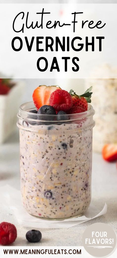 A glass jar filled with overnight oats topped with fresh berries No Oats Overnight Oats, Quinoa Flakes Overnight Oats, Gut Protocol Overnight Oats, Overnight Oats Healthy Gluten Free, Overnight Oats Without Oats, Overnight Gluten Free Oats, Gf Overnight Oats, Oat Flour Overnight Oats, Gluten Free Rolled Oats Recipes