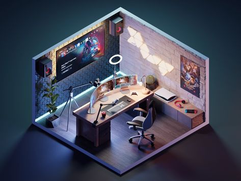 Streaming Room by Roman Klčo on Dribbble Streaming Room Design, Streaming Room, Tech Room, Small Game Rooms, Creative Market Design, Home Studio Setup, Gaming Room Setup, Gamer Room, Game Room Design