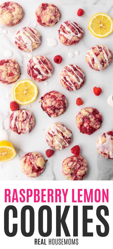 Raspberry Lemon Cookies are cake-like treats bursting with sweet tart flavors! This quick and simple recipe also makes a lot to feed a crowd! #Realhousemoms #raspberry #lemon #cookies #lemoncookies #sugarcookies #dessert #cookiemonster #thanksgiving #christmascookies #holidays #30minorless Lemon Raspberry Cookies Recipe, Raspberry Lemon Cookies, Lemon Cake Cookies, Raspberry Cookie Recipes, Lemon Raspberry Cheesecake, Raspberry Cheesecake Cookies, Tart Flavors, Lemon Cookies Recipes, Raspberry Desserts