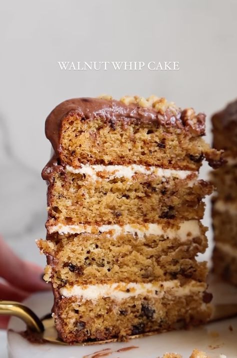 Walnut Whip Cake Walnut Whip, Whipped Chocolate Ganache, Cake Form, Walnut Cake, Vanilla Sponge, Vanilla Buttercream, Chocolate Ganache, Butter Cream, Nom Nom