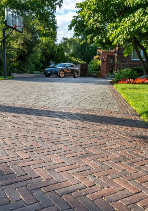 Herringbone Driveway | Unilock Herringbone Driveway, Tile Driveway, Stamped Driveway, Paver Walkway Diy, Exposed Aggregate, Paver Walkway, Driveway Design, Paver Driveway, Herringbone Tile