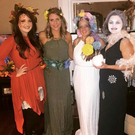 Four friends group costume four seasons Group Halloween Costumes 4 Seasons, Four Seasons Halloween Costume, Famous Groups Of 4 Costumes, Fairy’s Costume Group, Four Seasons Costume, Halloween Costumes For Teens, Group Costumes, Costume Themes, Four Seasons