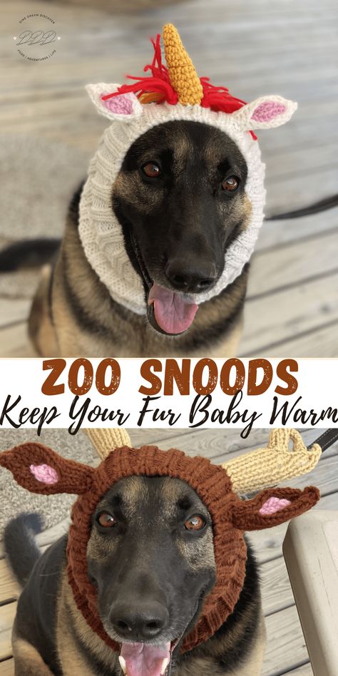 Zoo Snoods are knit snoods made especially for dogs. With many different styles to choose from in different sizes, your fur baby will stay warm in style. Free Crochet Dog Snood Patterns, Dog Snoods Crochet Pattern, Snood For Dogs Free Pattern, Knitted Hat For Dog Free Pattern, Free Crochet Pattern For Dog Snood, Dog Headband Crochet, Dog Crochet Snood, Crochet Snood For Dogs, Knit Dog Hat Pattern Free