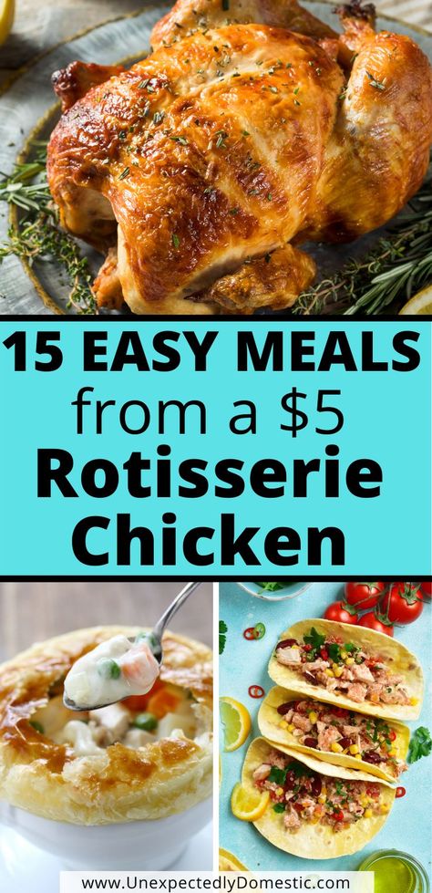 Need some cheap and easy dinner recipes? Check out all these meals you can make using a rotisserie chicken! These easy meals are healthy dinners, and perfect for families. Just pick up a rotisserie chicken from the grocery store (or use leftover chicken), and make some quick and simple dinners in record time! Soup, pasta, casseroles, and all kinds of comfort food! Pre-cooked chicken is the answer to quick, easy suppers! #easycheapmeals #easydinnerrecipes #leftoverchickenrecipes #mealplanning Quick And Easy Dinner Recipes With Rotisserie Chicken, Easy Grocery Store Dinner, Pre Cooked Chicken Recipes Easy, Pre Cooked Chicken Recipes, Unexpectedly Domestic, Modern Homemaking, Leftover Chicken Recipes Easy, Leftover Meals, Use Leftover Chicken