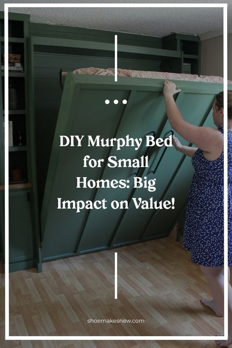 Woman folding down a green Murphy bed in a small room, highlighting a DIY home improvement project. Hideaway Bed Diy, Small Space Murphy Bed, Stylish Murphy Bed, Guest Bed Solutions, How To Make A Murphy Bed Diy, Dyi Murphy Bed, Horizontal Murphy Bed Diy, Home Office With Murphy Bed, Cheap Murphy Bed