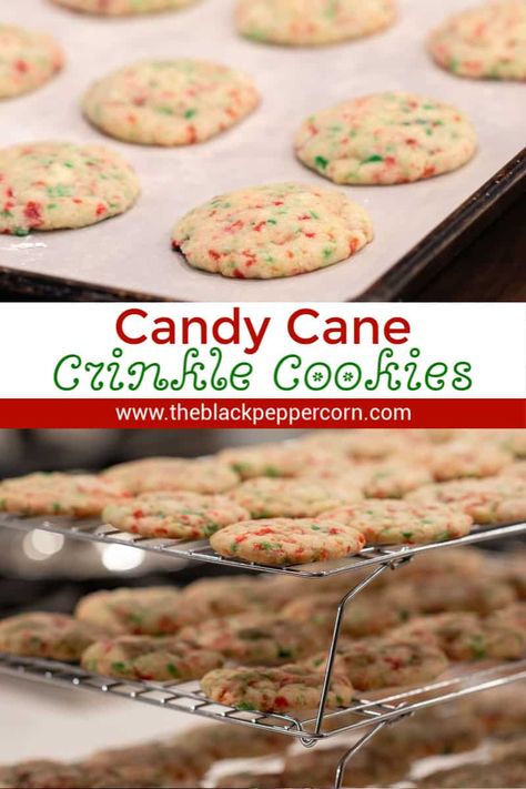 Candy Cane Crinkle Cookies Recipe - The Black Peppercorn - Perfect cookies for Christmas baking. They are chewy and buttery with lots of peppermint flavour from the crushed candy canes. Great for parties and gifts. Christmas Cookies With Candy Canes, Crushed Candy Cane Cookies, Peppermint Crinkle Cookies Recipe, Candy Cane Cookie Recipe, Candy Cane Recipe, Holiday Baking Christmas, Crinkle Cookies Recipe, Candy Cane Cookies, Christmas Baking Recipes