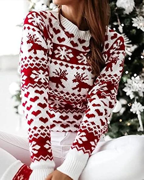 Amazon.com: ZAFUL Women's Christmas Reindeer Xmas Snowflake Patterns Knitted Sweater Long Sleeve Elk Floral Printed Pullover White : Clothing, Shoes & Jewelry Red And White, Christmas Tree, Long Sleeve, Christmas, Red, White