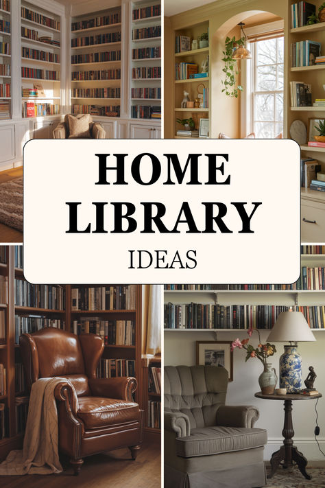 If you love books, these home library ideas are for you! Create your dream reading sanctuary with these inspiring designs. #DreamHomeLibrary #HomeLibraryIdeasCozy #LibraryDecor Open Library Living Room, Turn A Bedroom Into A Library, Small Victorian Library, Dark Home Library Ideas, Library Style Bookshelves, Cosy Home Library Ideas, Library Studio Room, Book Shelf Library Design, Small Home Office Library Ideas