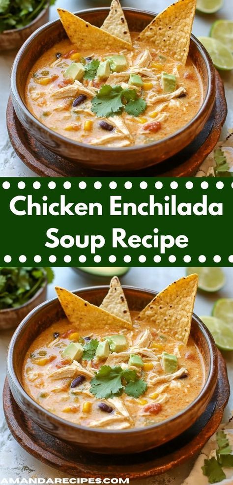 Need soup recipes easy? This Chicken Enchilada Soup Recipe is a perfect choice! It’s a quick and simple dinner idea that’s great for chicken meals or soup ideas. Ideal for busy nights and tasty chicken recipes. Copycat Chili's Chicken Enchilada Soup, Enchiladas Soup Recipe, Chicken Enchiladas Soup, Easy Chicken Enchilada Soup, Crockpot Chicken Enchilada Soup, Enchilada Chicken Soup, Cheesy Chicken Enchilada Soup, Tasty Chicken Recipes, Creamy Chicken Enchilada Soup