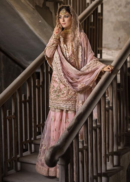 Sahiba D4 - Laam Pink Pakistani Bridal Dress, Bridal Gharara, Pink Sharara, Net Shirt, Pakistani Bridal Dress, Pakistani Designer Clothes, Bridal Outfit, Ayeza Khan, Silk Bottoms