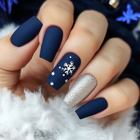 40 Stunning Blue Christmas Nails To Get You Holiday-Ready Navy Blue With Snowflake Nails, Matte Blue Christmas Nails, Cute Fun Christmas Nails, January Nails Coffin Shape, Winter Snowflake Nails Blue, Christmas Style Nails, December Blue Nails, Blue And Silver Snowflake Nails, Trendy Winter Nails 2025