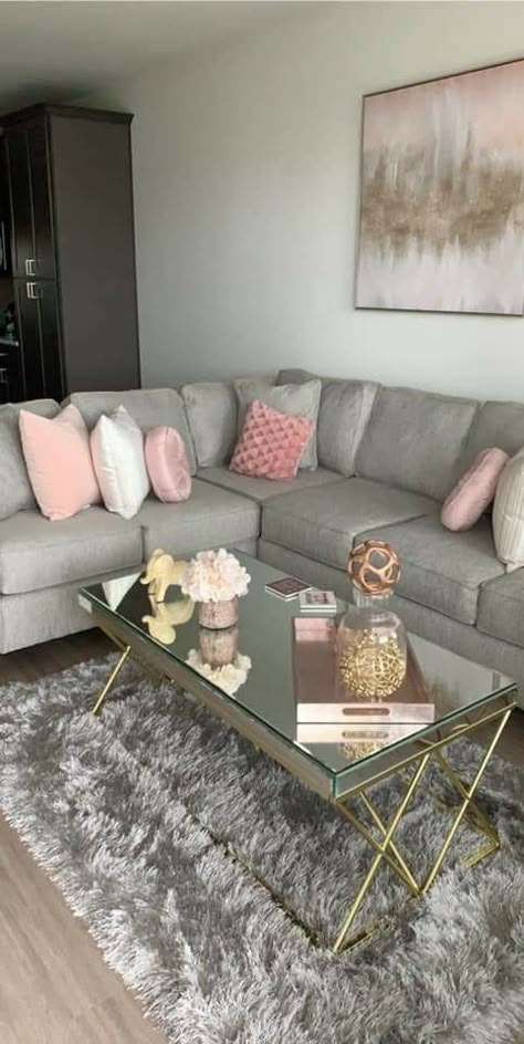 Home Decor Pink And Grey, Pink And Silver Apartment Decor, Pink Gray Living Room Decor, Glam Apartment Decor Inspiration, Woman’s Apartment, Pink And Gold Home Decor, Apartment Living Room Ideas For Women, Girls Apartment Ideas Living Room, Women Living Room Ideas