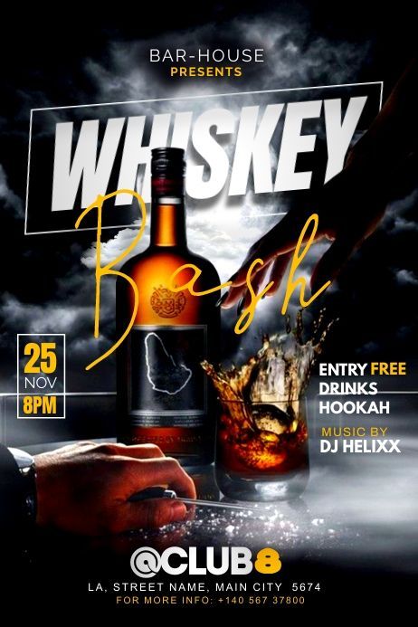 Flyer Design Templates Bar Flyer Design Graphics, Whiskey Poster Design, Alcohol Poster Design Ideas, Alcohol Social Media Design, Drink Promotion Design, Bar Flyer Design, Bar Poster Design, Bar Graphic Design, Restaurant Poster Design