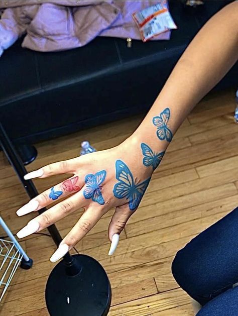 Girls Hand Tattoos, Tattoos Big, Butterfly Sleeve Tattoo, Delicate Tattoos For Women, Cute Thigh Tattoos, Butterfly Hand Tattoo, Stomach Tattoos Women, Cute Simple Tattoos, Henna Inspired Tattoos