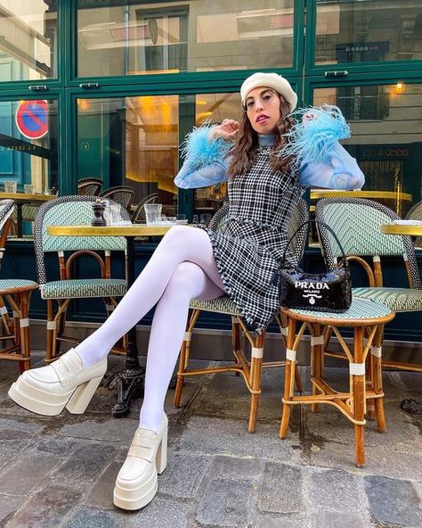 Caroline Vazzana on Instagram: "~ An American in Paris… #PFW #MakingitinParis 💙🦋☕️🥐🇫🇷~" Chunky Heel Outfit, Loafer Heels Outfit, Heel Loafers Outfit, Platform Heel Loafers, Heeled Loafers Outfit, White Loafers Outfit, Platform Loafers Outfit, Caroline Vazzana, Platform Heels Outfit