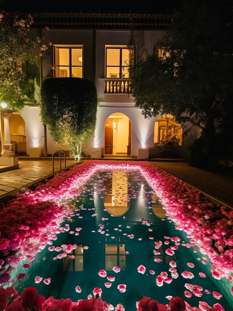 Room Filled With Flowers, Pool Side Engagement Decor, Flower Petals In Pool, Pool With Flowers, Flowers Floating In Pool, Poolside Sangeet Decor, Flower Pool, Wedding Planning Boards, Azaleas Garden