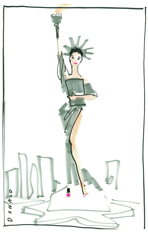 Lady Liberty NYC Donald Robertson, Creative Development, Fashion Designer Clothes, Lady Liberty, Talented People, Illustration Sketches, Estee Lauder, Fashion Illustrations, Cute Illustration