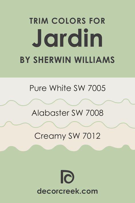 Jardin SW 6723 Paint Color by Sherwin-Williams - decorcreek.com Sw 7005 Pure White, Sw 7008 Alabaster, Trim Colors, Sherwin Williams Colors, Sherwin Williams Paint Colors, White Paint Colors, Diy Backdrop, Trim Color, Complementary Colors