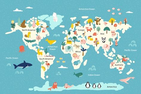 Vector hand drawn kids map illustration | Premium Vector #Freepik #vector #kids-world-map #kids-map #geography #earth-drawing Toddler Wall Art, World Map Wall Decal, Map Nursery, Map Wall Decal, Map Wall Mural, Kids World Map, Maps For Kids, World Map Wallpaper, Map Decal