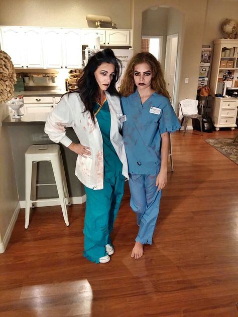 Zombie Doctors / Halloween / makeup / costume ideas Nurse Zombie Costume, Scrubs Costume Ideas, Helowen Costum, Nurse Zombie Makeup, Halloween Hospital Costume, Zombie Patient Costume, Scrubs Costume Halloween, Haunted Hospital Costume Ideas, Creepy Doctor Costume