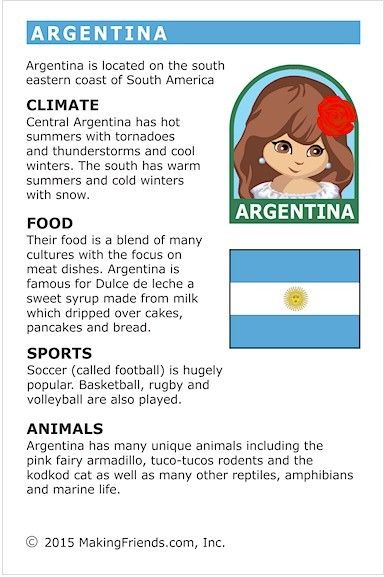 MakingFriends Facts about Argentina Printable Thinking Day fact card for our passports. Perfect if you chose Argentina for your Girl Scout Thinking Day or International Night celebration. Argentina Facts, Learn Spanish Online, Country Studies, Girl Scout Activities, Teaching Geography, Homeschool Geography, Country Facts, World Thinking Day, Argentina Flag